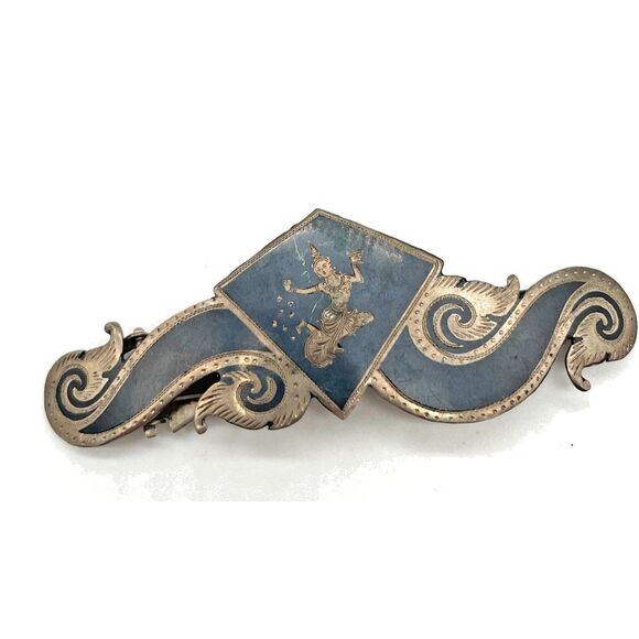 Antique Siam Thai Sterling Silver Enamel Hair Clip 3.25in